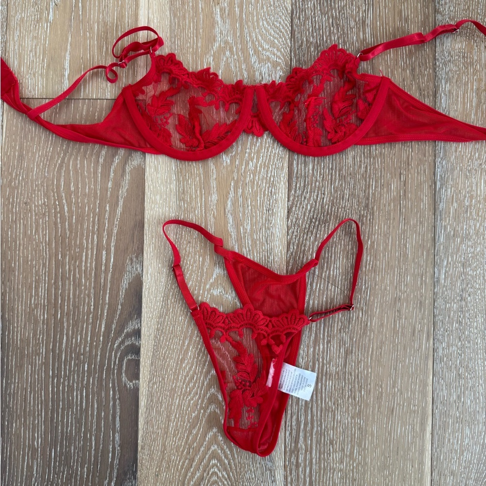 Lingerie Set- Red Heart Lace Trim, Nude Pantyhose, Black Dress - Picture 3 of 5
